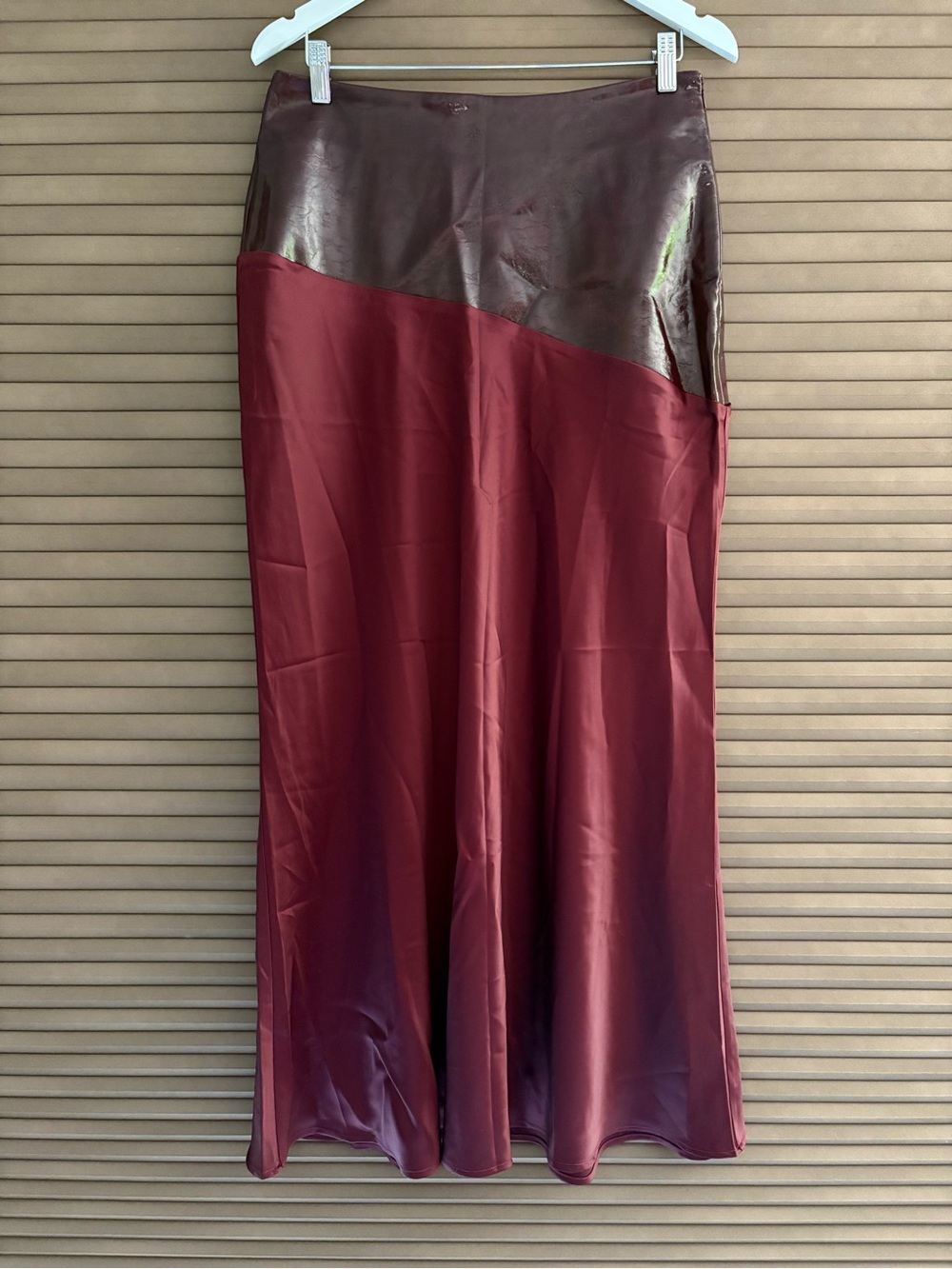 Commense Burgundy Satin Maxi Skirt with Metallic Waist Panel